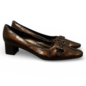 Vaneli Adsila Metallic Hammered Bronze Patent Leather Horsebit Loafers 6.5N